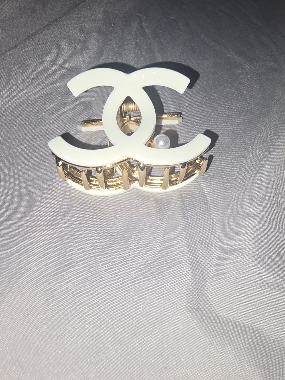 White Interlocking Logo Hair Clip with Pearl Accent